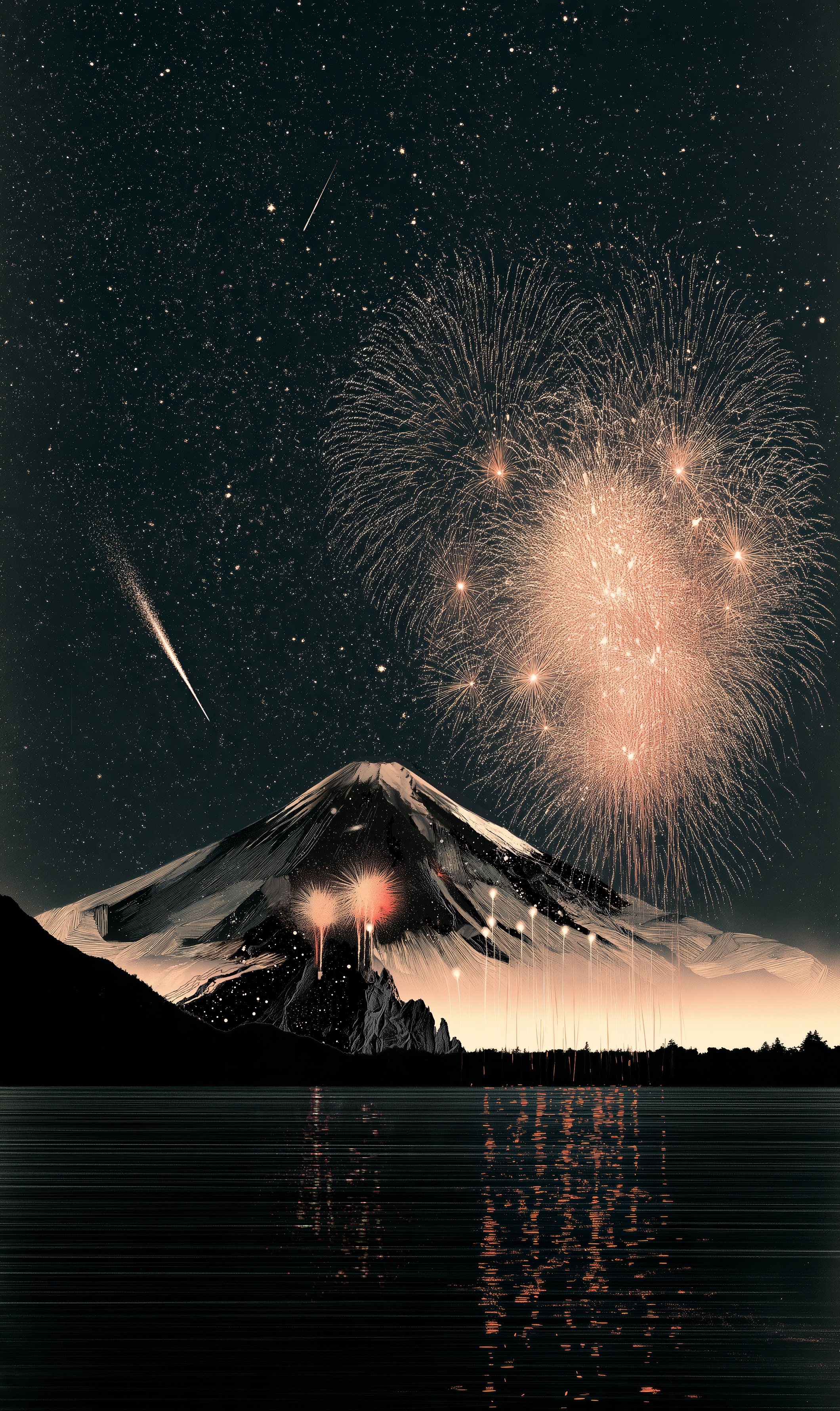 富士山と花火、夜空に広がる光と湖面の反映を描いたアートビジュアル